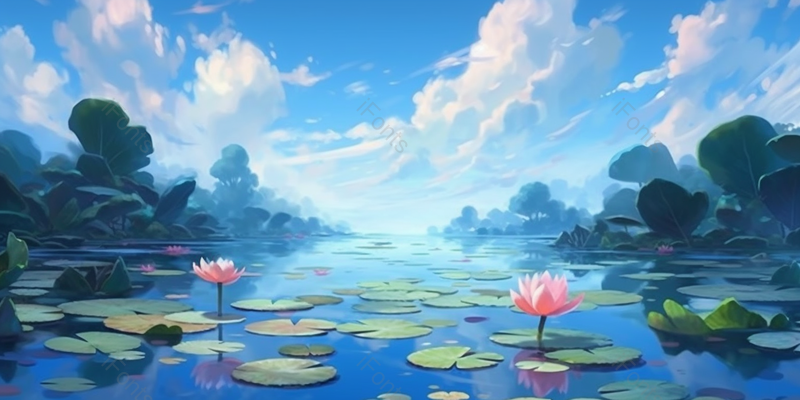 蓝色盛夏荷塘荷叶荷花绽放写实插画背景,插画/手绘图,插画/手绘图库,插画/手绘图下载,插画/手绘